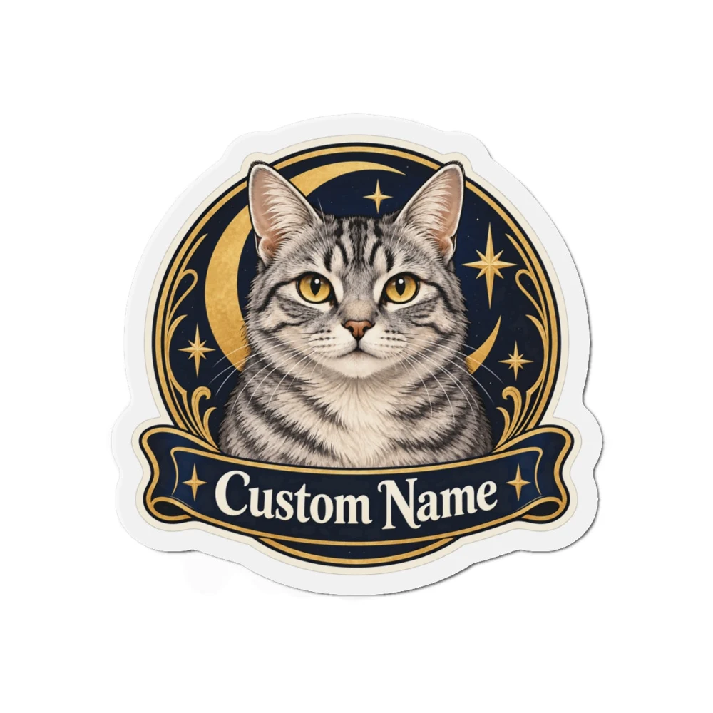 Moon and Stars personalized cat magnet with a name ribbon