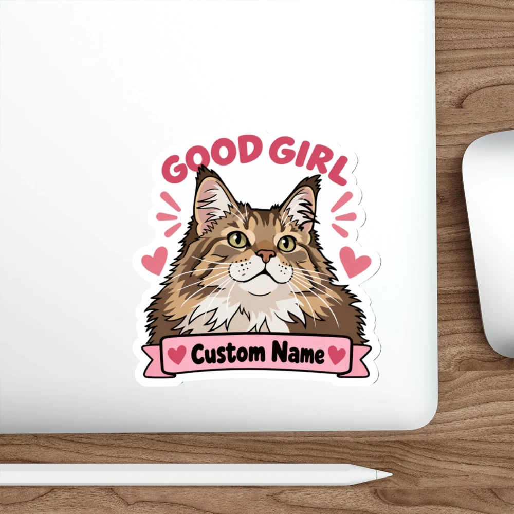 Good Girl Pink personalized cat sticker shown on a laptop