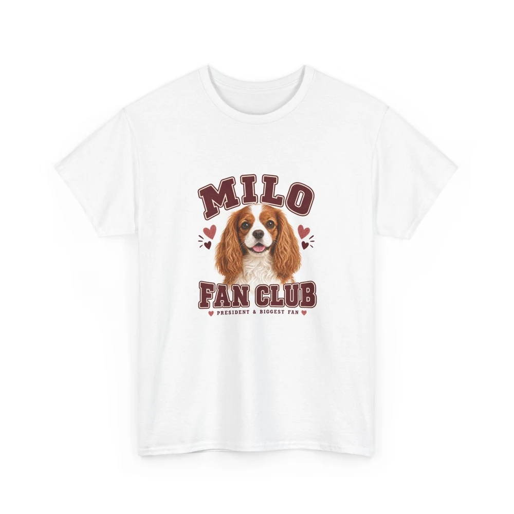 Pet Fan Club white T-shirt with Milo’s illustrated portrait and name